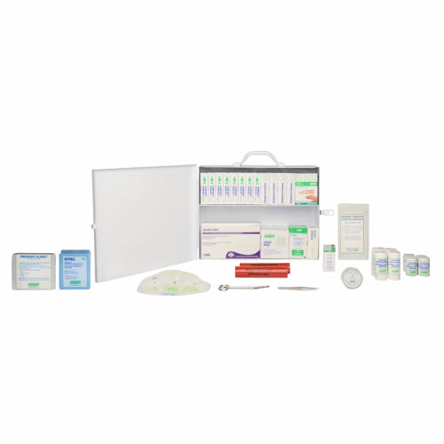 A large metal first aid kit with its contents displayed, including bandages, antiseptic wipes, and other first aid items.