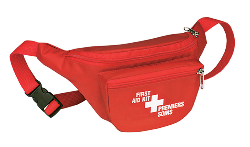 A red nylon waist pack with a 'First Aid Kit' label, featuring multiple zippered compartments and an adjustable waist belt.