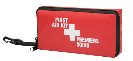 A red nylon first aid kit with a white cross emblem and the text 'FIRST AID KIT PREMERS SOINS'. It has a black carrying strap and the kit is open on three sides.