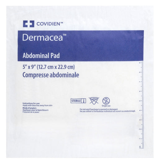 Sterile abdominal pad by Covidien, packaged, with dimensions marked as 12.7 x 22.9 cm.