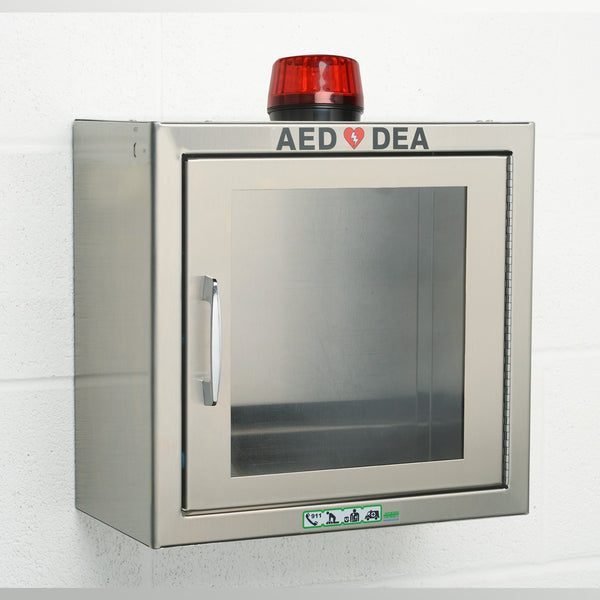 SURFACE AED CABINET WITH ALARM AND STROBE – STAINLESS STEEL – 34.3 x 33 x 17.8 cm