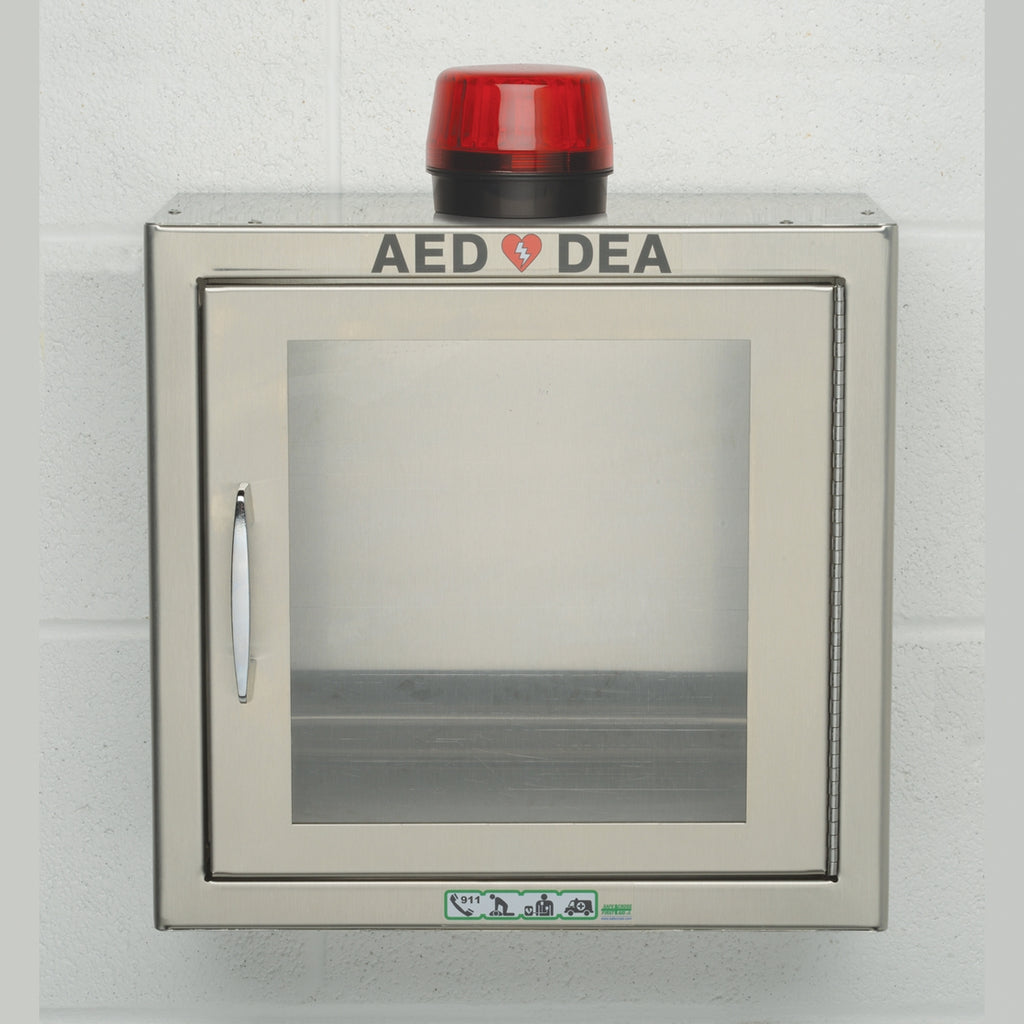 SURFACE AED CABINET WITH ALARM AND STROBE – STAINLESS STEEL – 44.5 x 44.5 x 17.8 cm