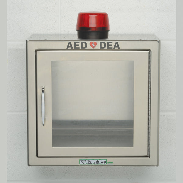 SURFACE AED CABINET WITH ALARM – STAINLESS STEEL – 44.5 x 44.5 x 17.8 cm